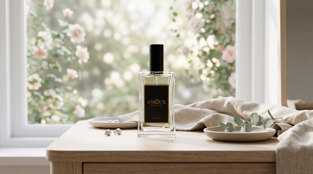 Steklenička AMOUR Parfums na elegantni toaletni mizici