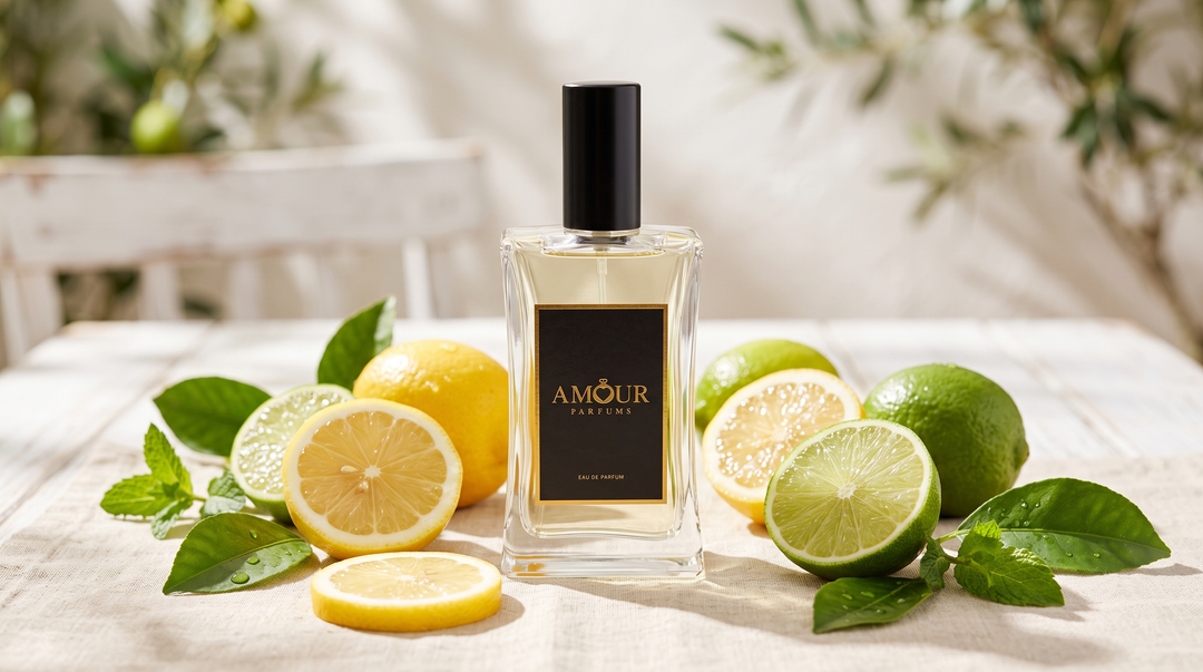 Steklenička AMOUR Parfums s svežimi citrusi v poletni svetlobi