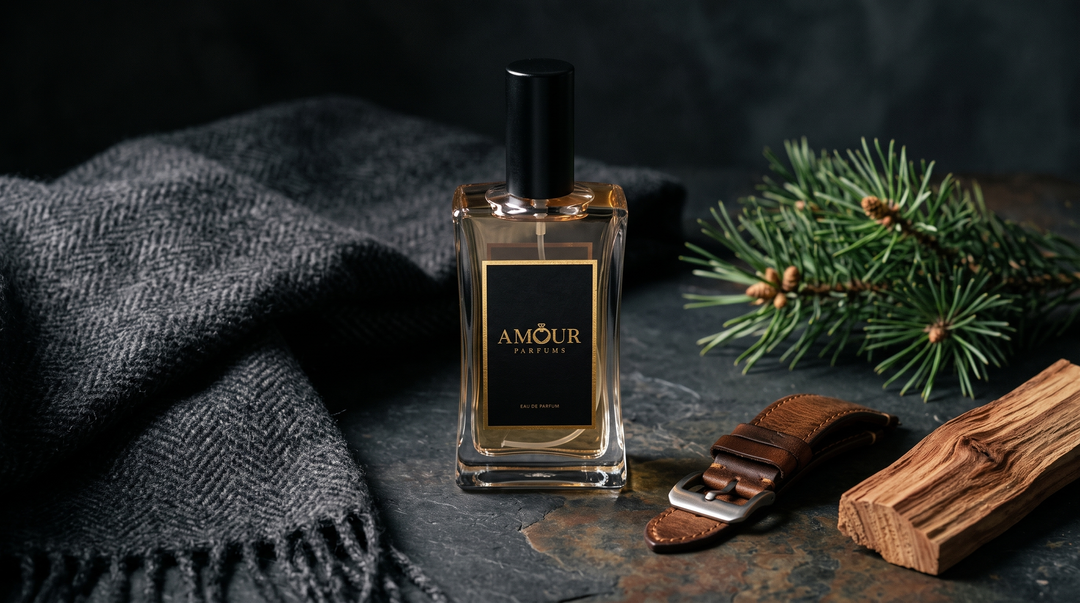Steklenička AMOUR Parfums v moški postavitvi na temnem skrilavcu